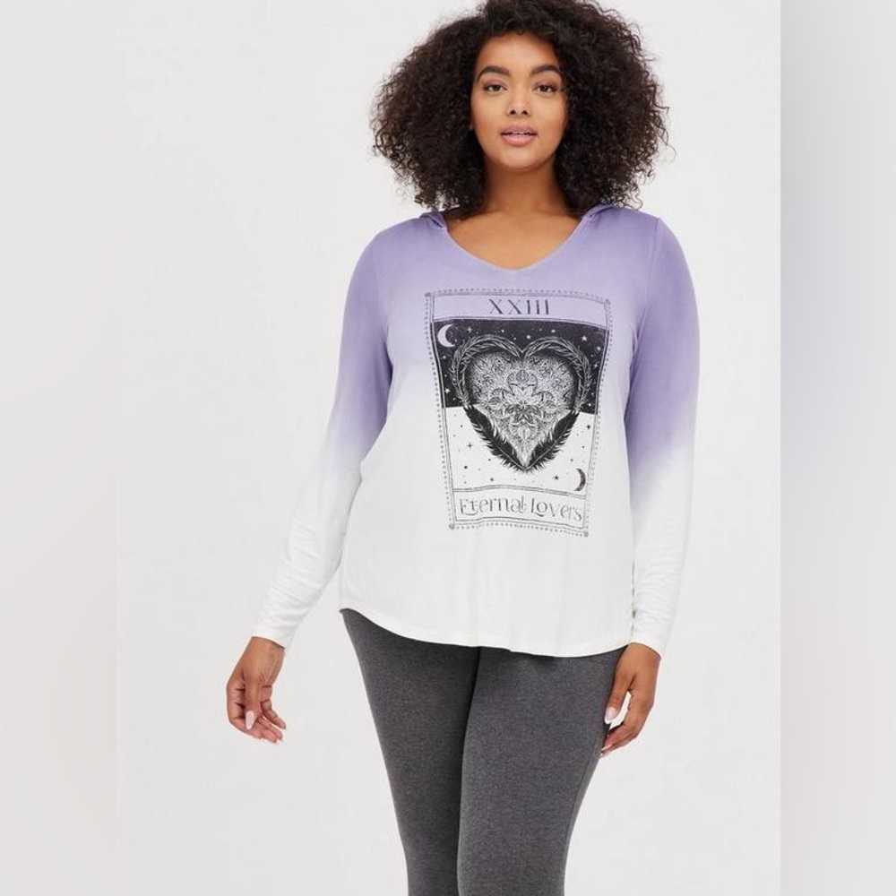 Torrid Hoodie - Super Soft Feather Heart Dip Dye Purple NWT